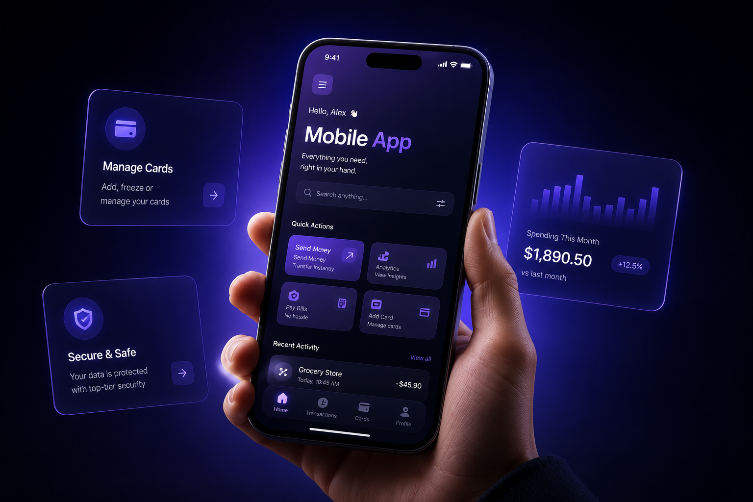 Mobile application analytics and task interface mockup